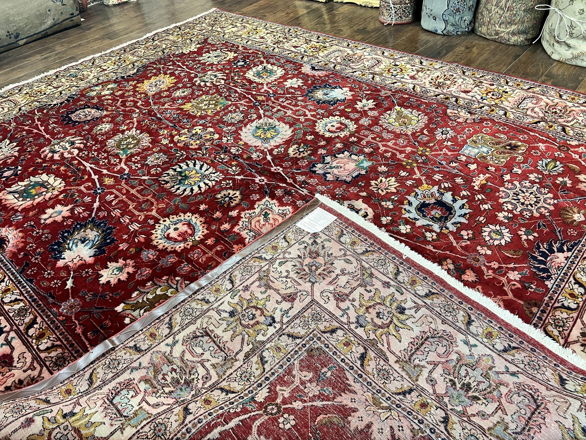 Persian Tabriz Rug 10x12, Floral Allover, Handmade Vintage Wool Carpet, Red and Cream - Nuvé