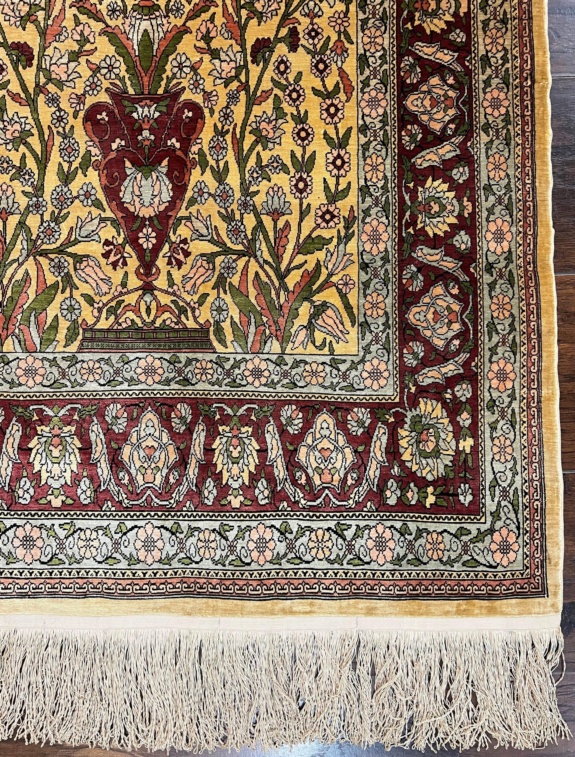 Wonderful Silk Turkish Hereke Prayer Rug 2.8 x 4.5, Tree of Life Design, Signature from Master Weaver, Gold and Burgundy, Handmade, 625 KPSI - Nuvé