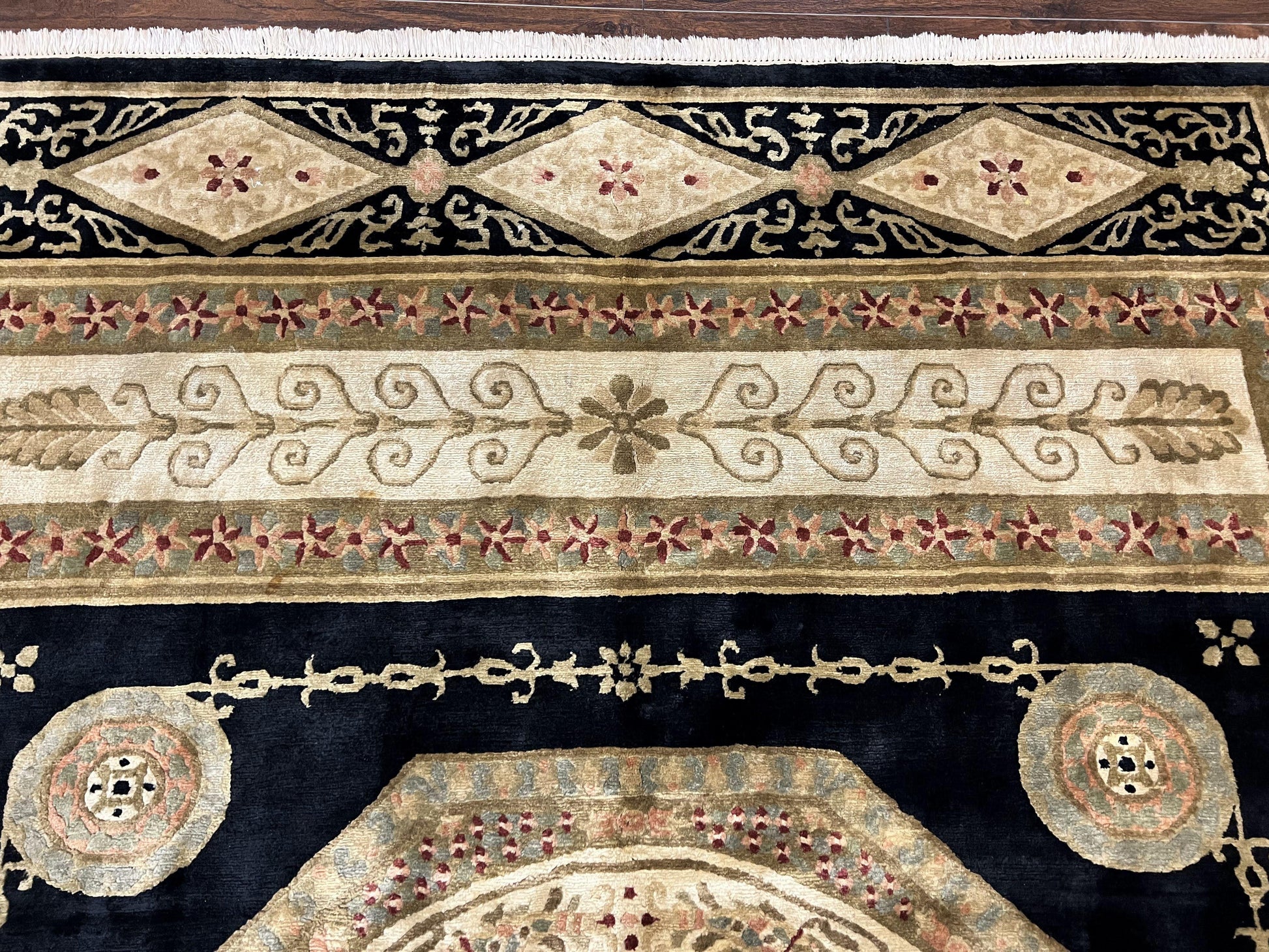 Tibetan Rug 8x10, Nepali Area Rug, Soft New Zealand Wool Carpet 8 x 10 ft, Black Tan Beige, Vintage Handmade Rug, French Aubusson Pattern - Nuvé