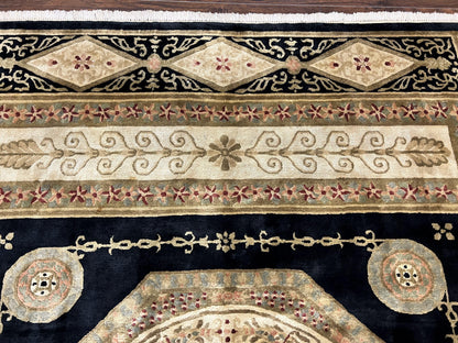 Tibetan Rug 8x10, Nepali Area Rug, Soft New Zealand Wool Carpet 8 x 10 ft, Black Tan Beige, Vintage Handmade Rug, French Aubusson Pattern - Nuvé