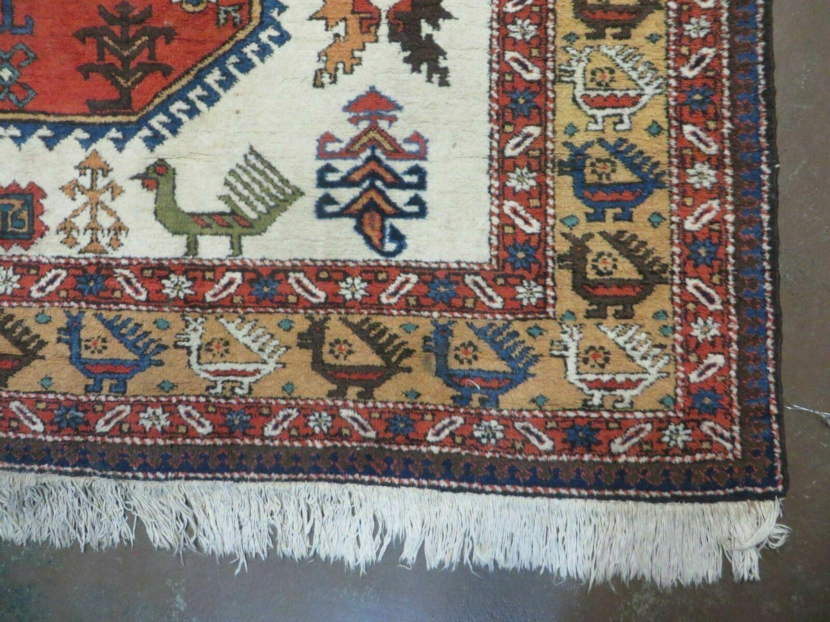7' X 10' Vintage Handmade Knotted Turkish Wool Rug Birds Animal Ivory Organic