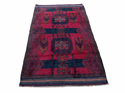 2' 10" X 4'6" Vintage Handmade Tribal Wool Rug Balouchi Rug Afghan Rug Red Black - Nuvé