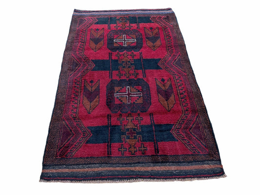 2' 10" X 4'6" Vintage Handmade Tribal Wool Rug Balouchi Rug Afghan Rug Red Black - Nuvé