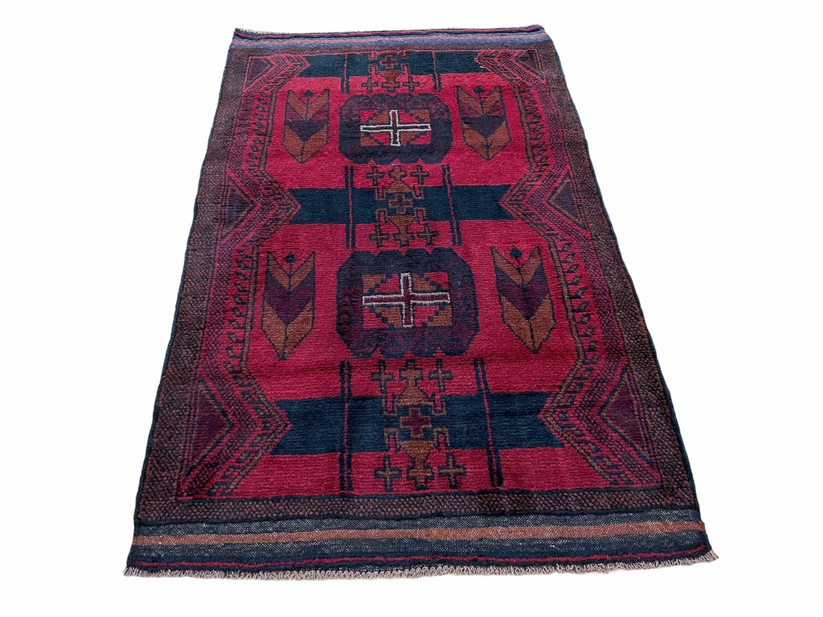 2' 10" X 4'6" Vintage Handmade Tribal Wool Rug Balouchi Rug Afghan Rug Red Black