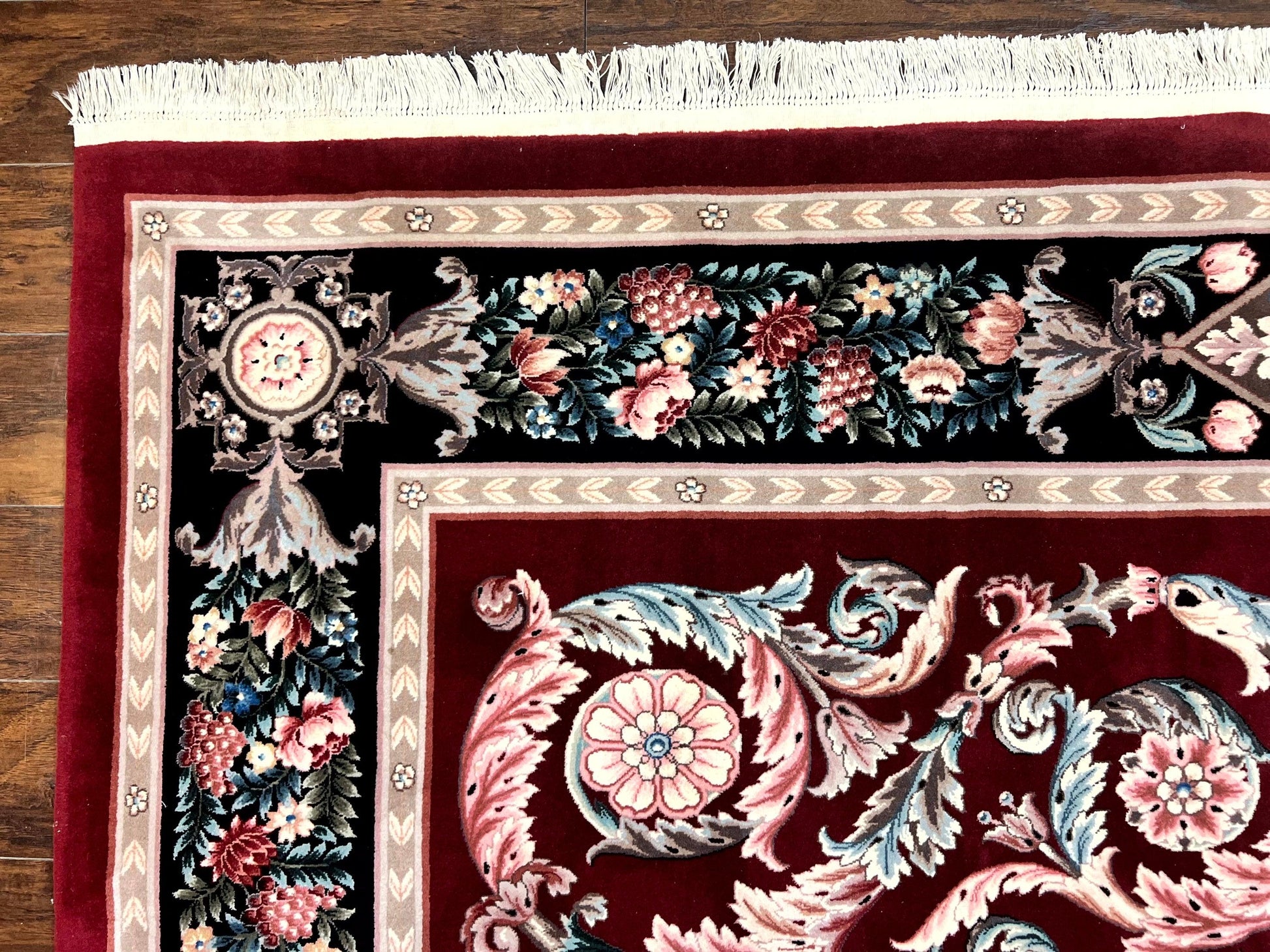 Chinese Aubusson Rug 9x12, Burgundy, Handmade Vintage Wool Carpet, Fine 210 KPSI, Elegant European Design - Nuvé