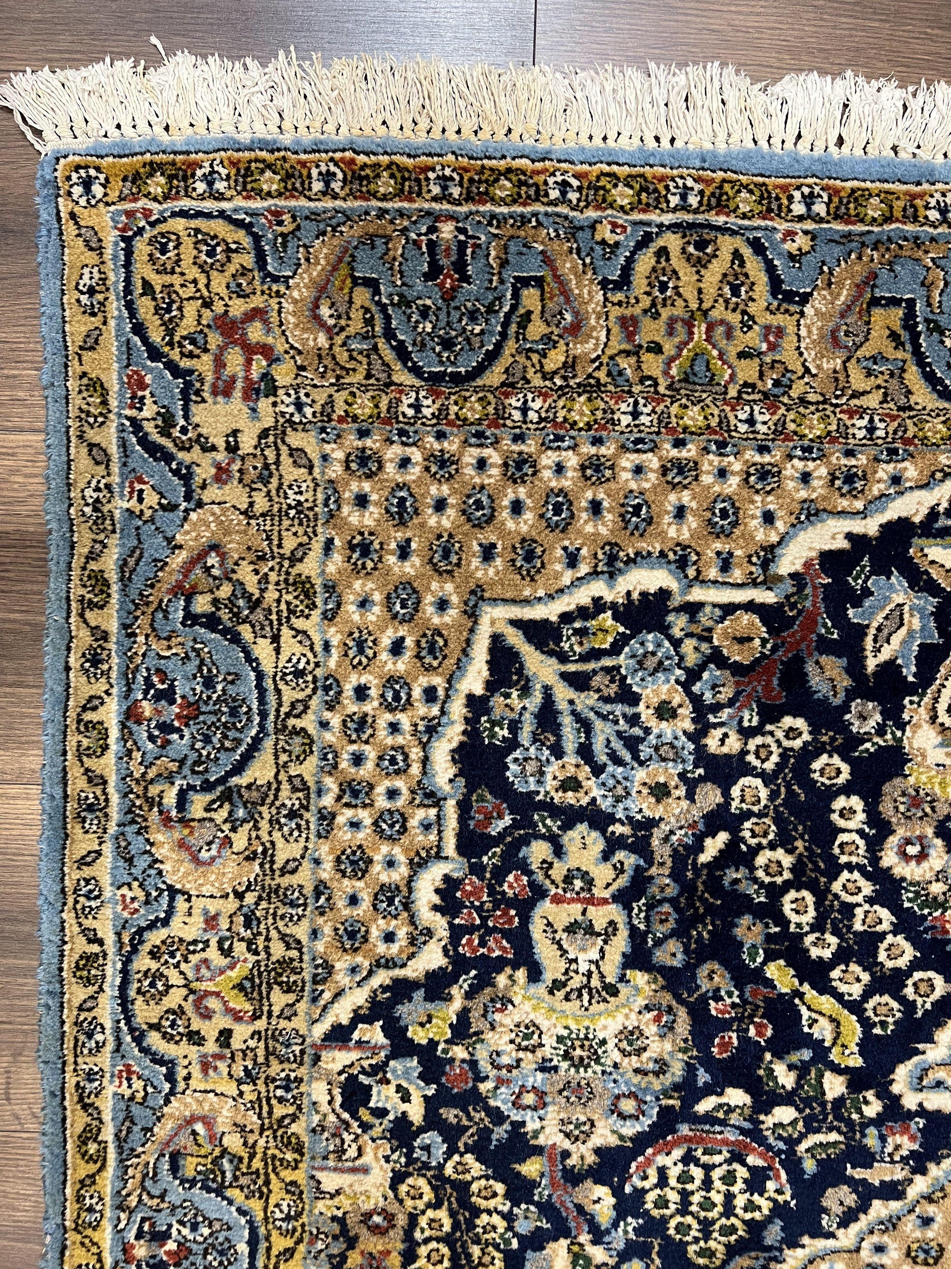 Fine Persian Qum Rug 3x5, Semi Antique Vintage Oriental Ghom Carpet, Floral Medallion, Highly Detailed, Hand Knotted, Navy Blue, Wool Area Rug, Birds - Nuvé
