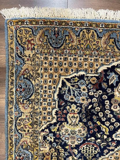 Fine Persian Qum Rug 3x5, Semi Antique Vintage Oriental Ghom Carpet, Floral Medallion, Highly Detailed, Hand Knotted, Navy Blue, Wool Area Rug, Birds - Nuvé