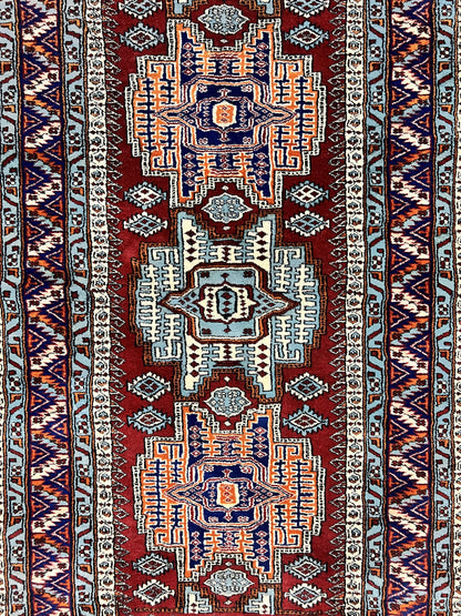 Pakistani Rug 3x5 ft, Caucasian Kazak Design, Geometric Rug, Small Vintage Oriental Carpet, Dark Red Vintage Handmade Wool Rug 3 x 5 - Nuvé
