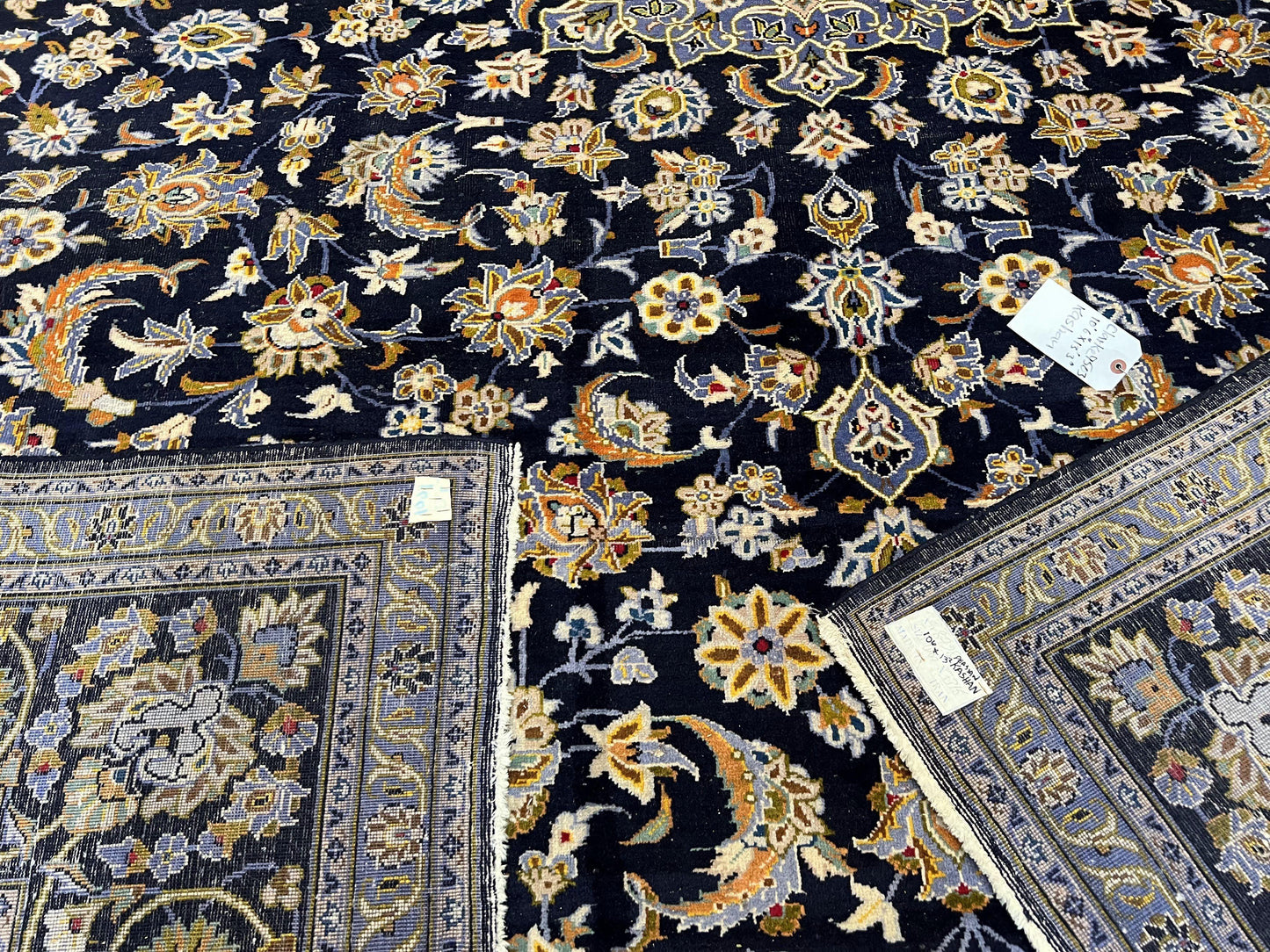 Wonderful Navy Blue Persian Kashan Rug 11x13, Allover Floral Design with Central Medallion, Wool Hand-Knotted Antique Carpet, Signed Rabani Rug - Nuvé