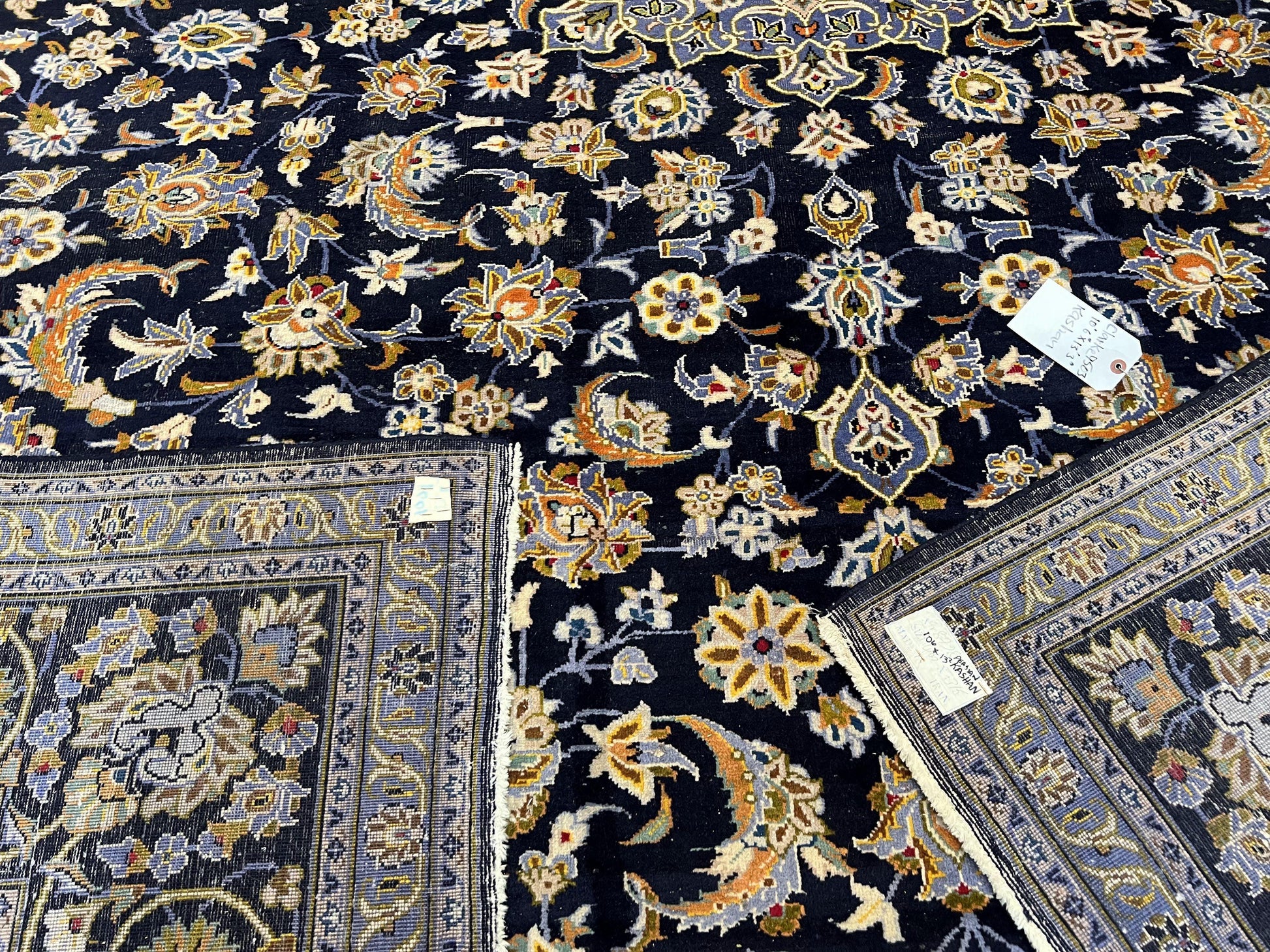 Wonderful Navy Blue Persian Kashan Rug 11x13, Allover Floral Design with Central Medallion, Wool Hand-Knotted Antique Carpet, Signed Rabani Rug - Nuvé