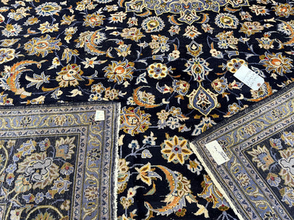 Wonderful Navy Blue Persian Kashan Rug 11x13, Allover Floral Design with Central Medallion, Wool Hand-Knotted Antique Carpet, Signed Rabani Rug - Nuvé