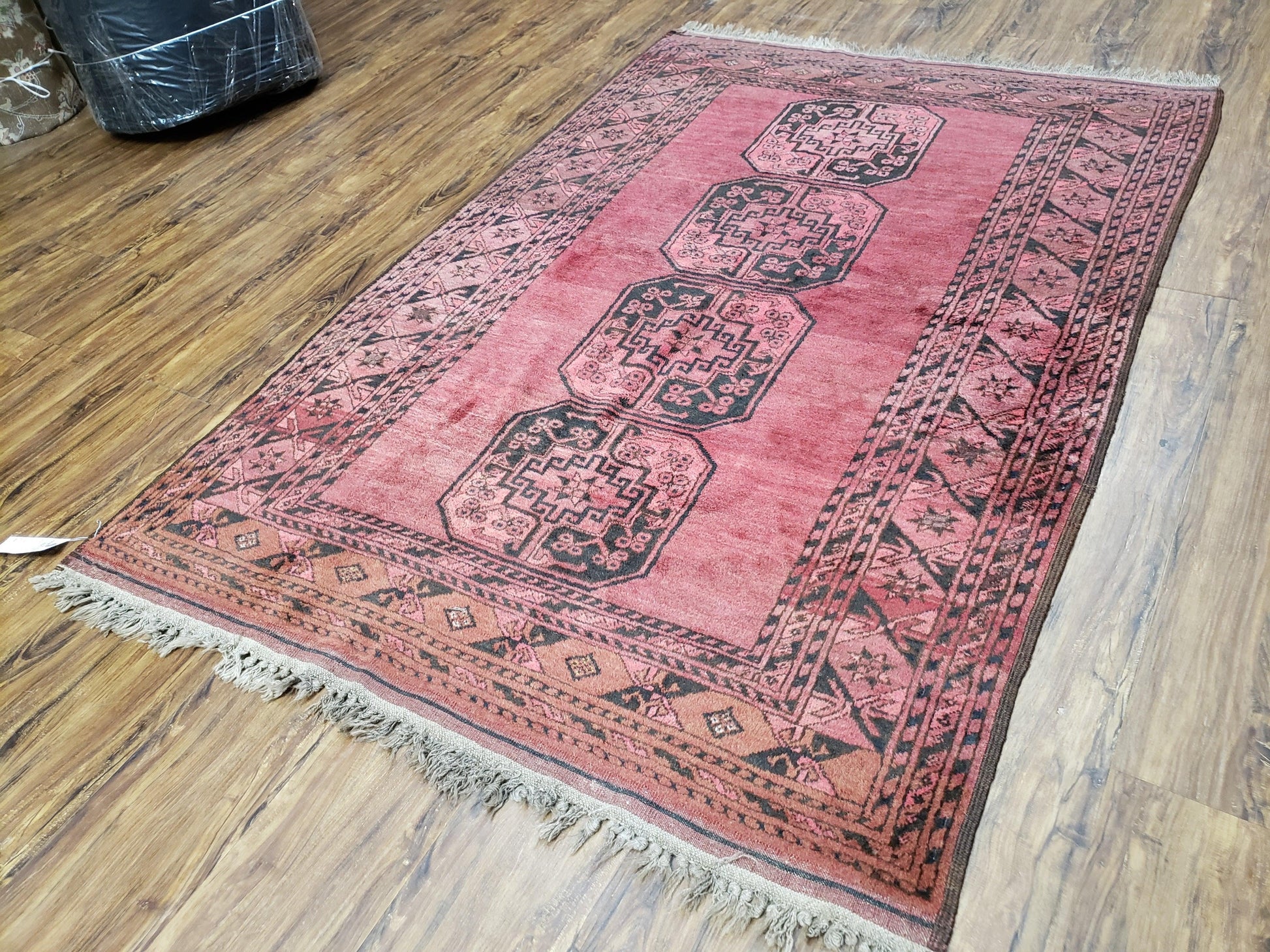Antique Bukhara Area Rug, Vintage Afghan Bokhara Bashir Rug, 4x6 Hand-Knotted Oriental Carpet, Red & Black Wool Rug, 4' x 5'9 - Nuvé