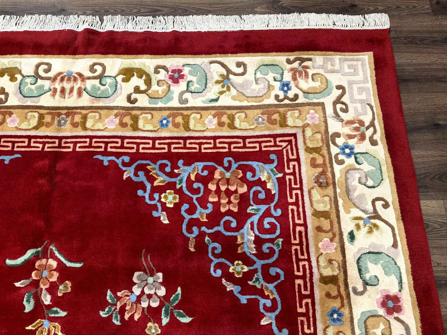 Indo Chinese Wool Rug 9x12, Red Art Deco Carpet, Vintage - Nuvé