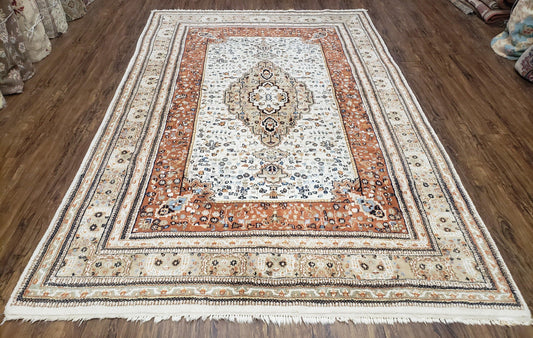 6x9 Vintage Indo-Persian Area Rug, Wool Hand-Knotted Carpet, Ivory & Squash Orange, Floral Medallion Tribal Rug, Indian Carpet, Decorative - Nuvé