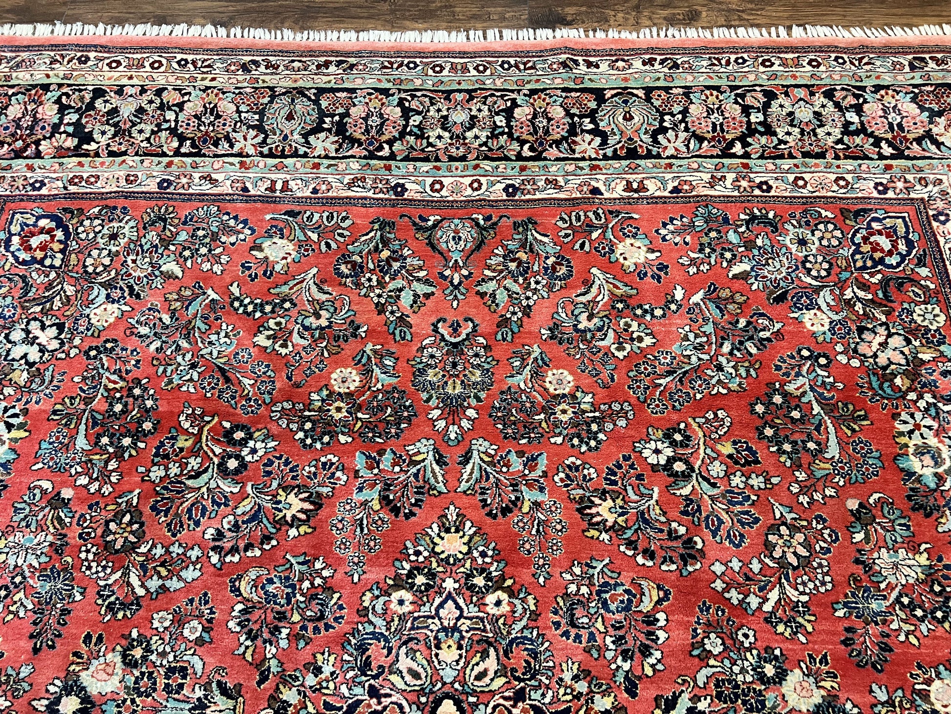 Square Persian Sarouk Rug 11x11 ft, Rare Size, Hand Knotted Wool Floral Allover Red Persian Carpet, Handmade Antique Rug - Nuvé