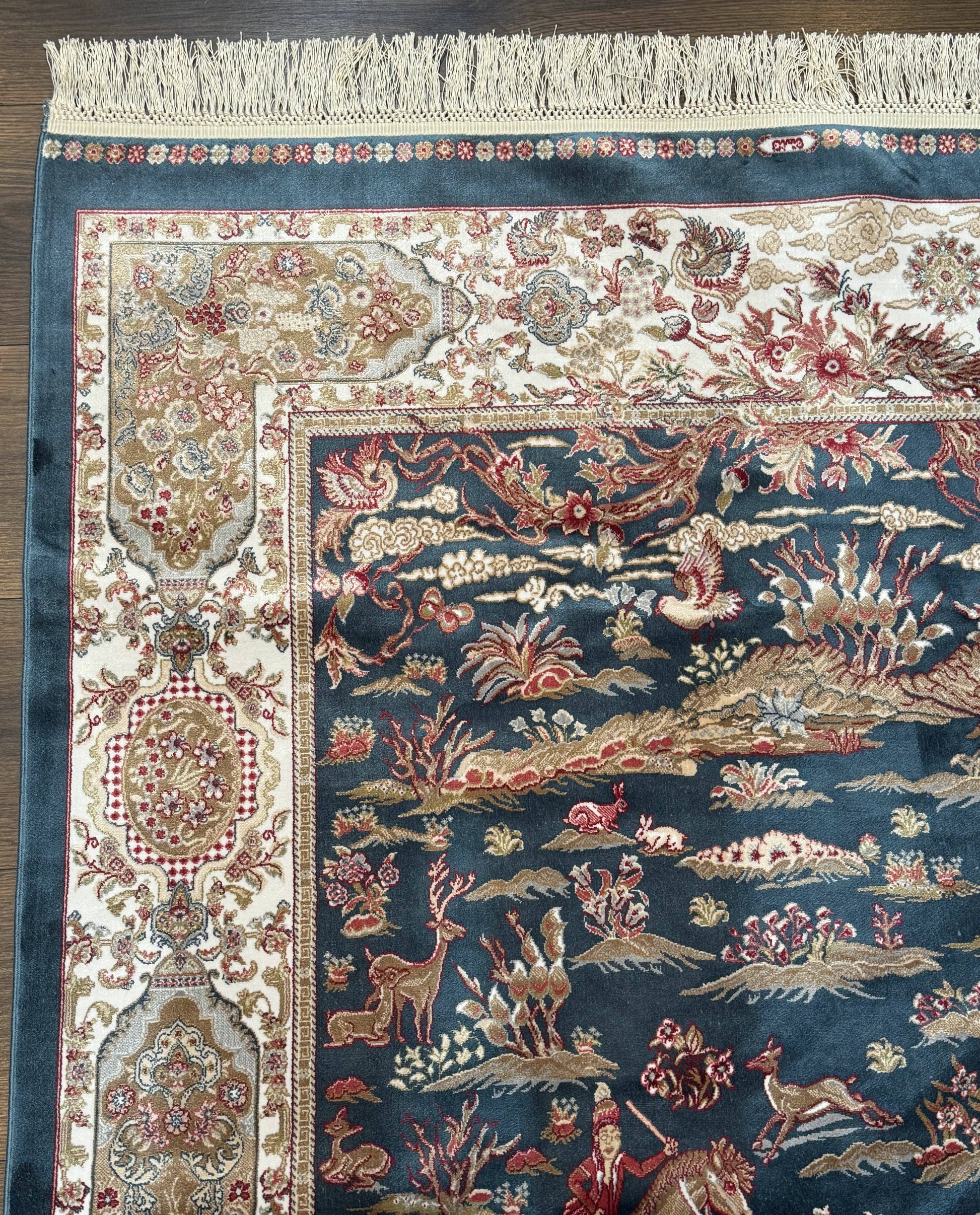 Turkish Silk Hunting Design Rug 4x6, Dark Steel Blue & Ivory, Bamboo Silk, New - Nuvé