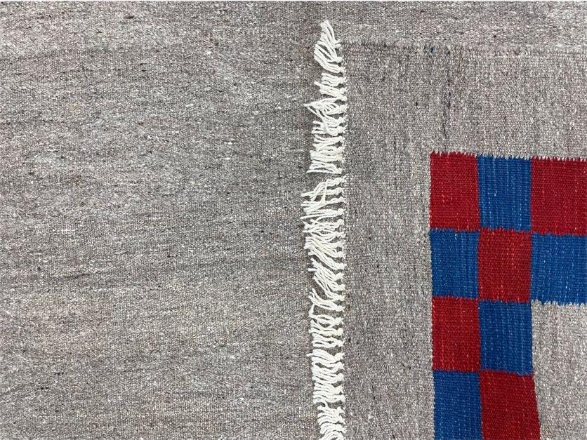 Gray Turkish Kilim Carpet 5' 7" x 7' 7", Medium Kilim Rug, Hand-Knotted, Blue & Red Border, Minimalistic Design, Geometric, Wool, New - Nuvé