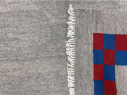 Gray Turkish Kilim Carpet 5' 7" x 7' 7", Medium Kilim Rug, Hand-Knotted, Blue & Red Border, Minimalistic Design, Geometric, Wool, New - Nuvé