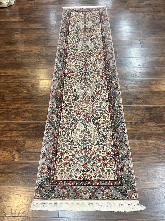 Sino Persian Runner Rug 2.7 x 10, Floral Kirman Lavar Carpet for Hallway, Cream, Handmade Wool Vintage Rug - Nuvé