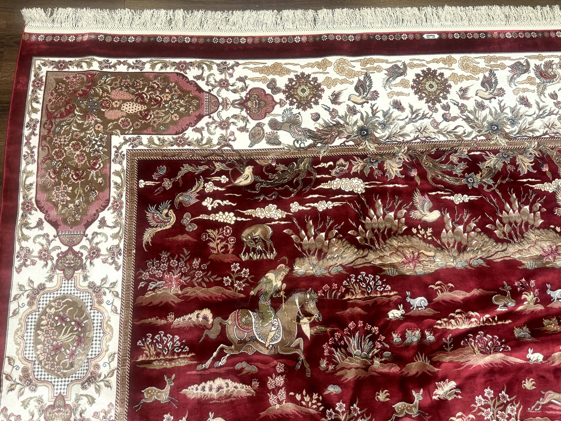 Turkish Silk Rug 8x10, Red & Ivory, Hunting Design, Bamboo Silk, New - Nuvé