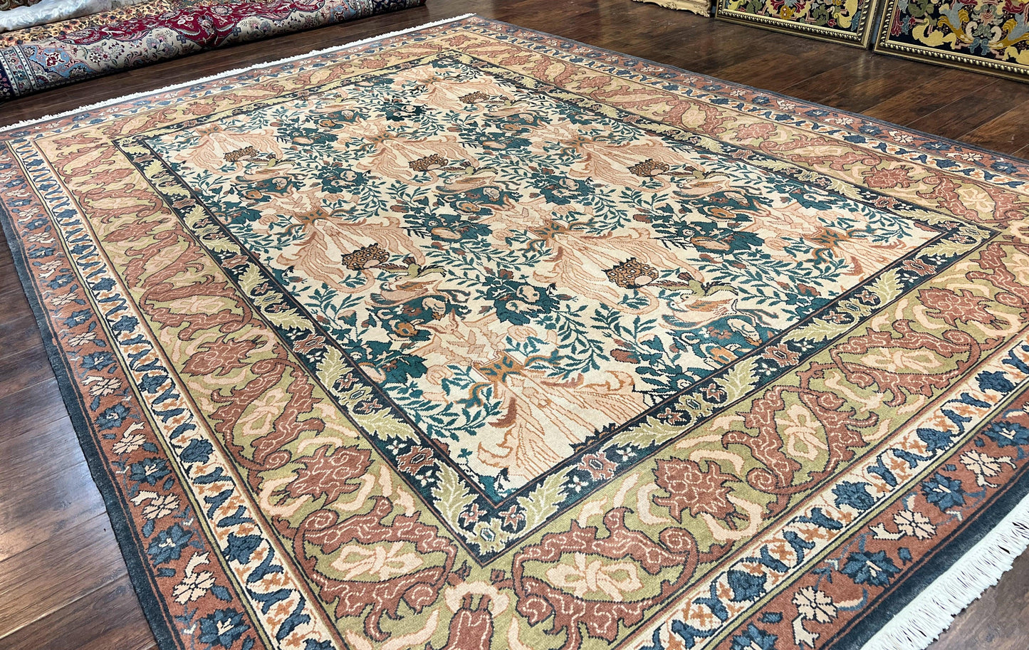 10x13 Wool Rug, Floral Pattern, Birds, Handmade Vintage Carpet, Couristan Rug, Beige - Nuvé