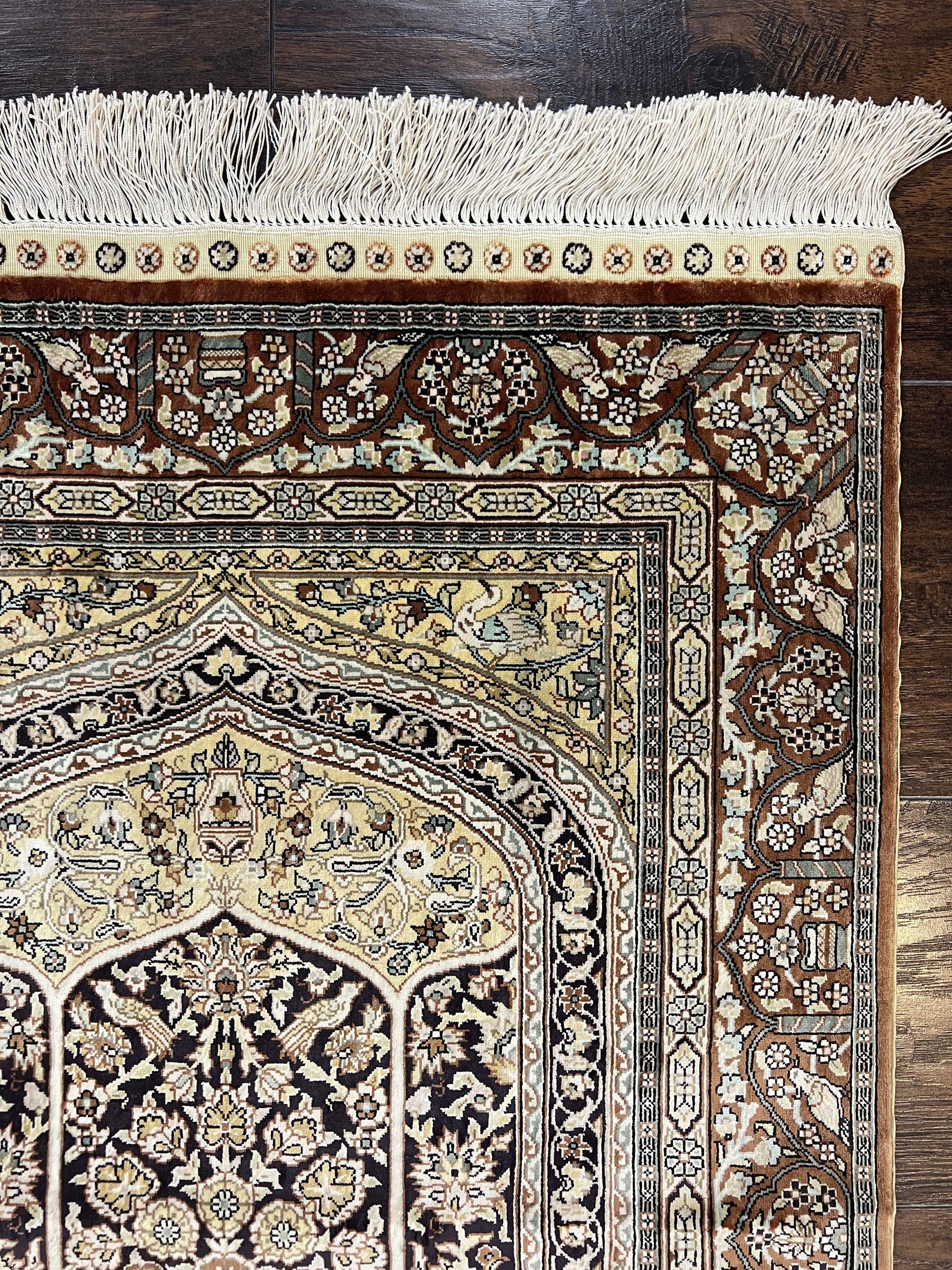 Turkish Silk Hereke Rug 2x3, Floral Vase Tree of Life Birds, Silk Pile on Silk Foundation, Vintage Oriental Carpet, Very Fine, Signature - Nuvé