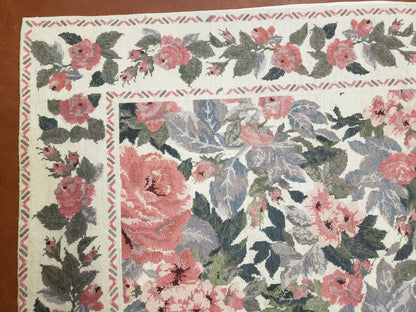 5x8 Needlepoint Rug 5' 4" x 8' 3" Wool Flat Weave Floral New Unused Carpet English Design Ivory Large Pink Flowers Green Leaves Hand-Knotted - Nuvé