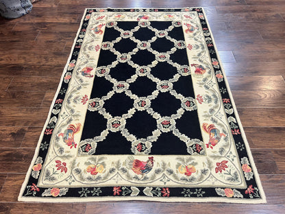 Hooked Rug 5x8, European Aubusson Pattern, Black and Ivory, Roses & Roosters, Vintage Wool Rug - Nuvé