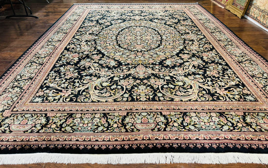 Pak Persian Rug 9x12, Highly Detailed Fine 260 KPSI, Floral, Handmade Traditional Carpet, Black - Nuvé