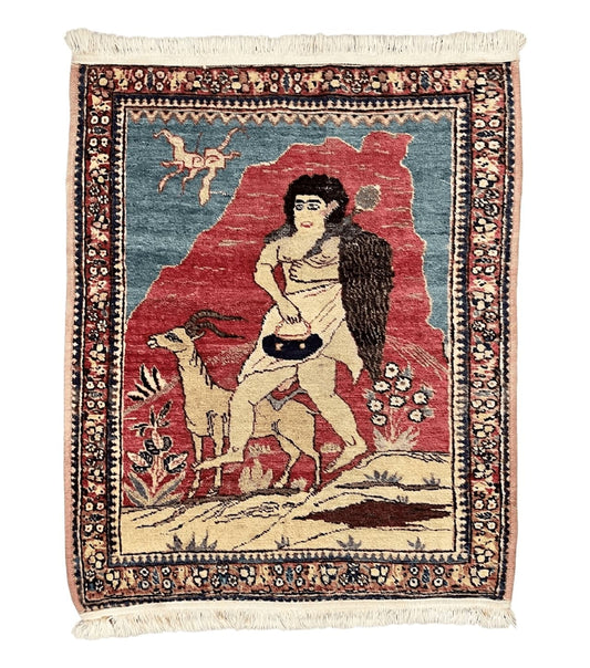 Antique Persian Kirman Rug 2 x 2.5, Small Hand Knotted Wool Carpet, Lavar Rug, Shepherd with Ram Pictorial Rug #1