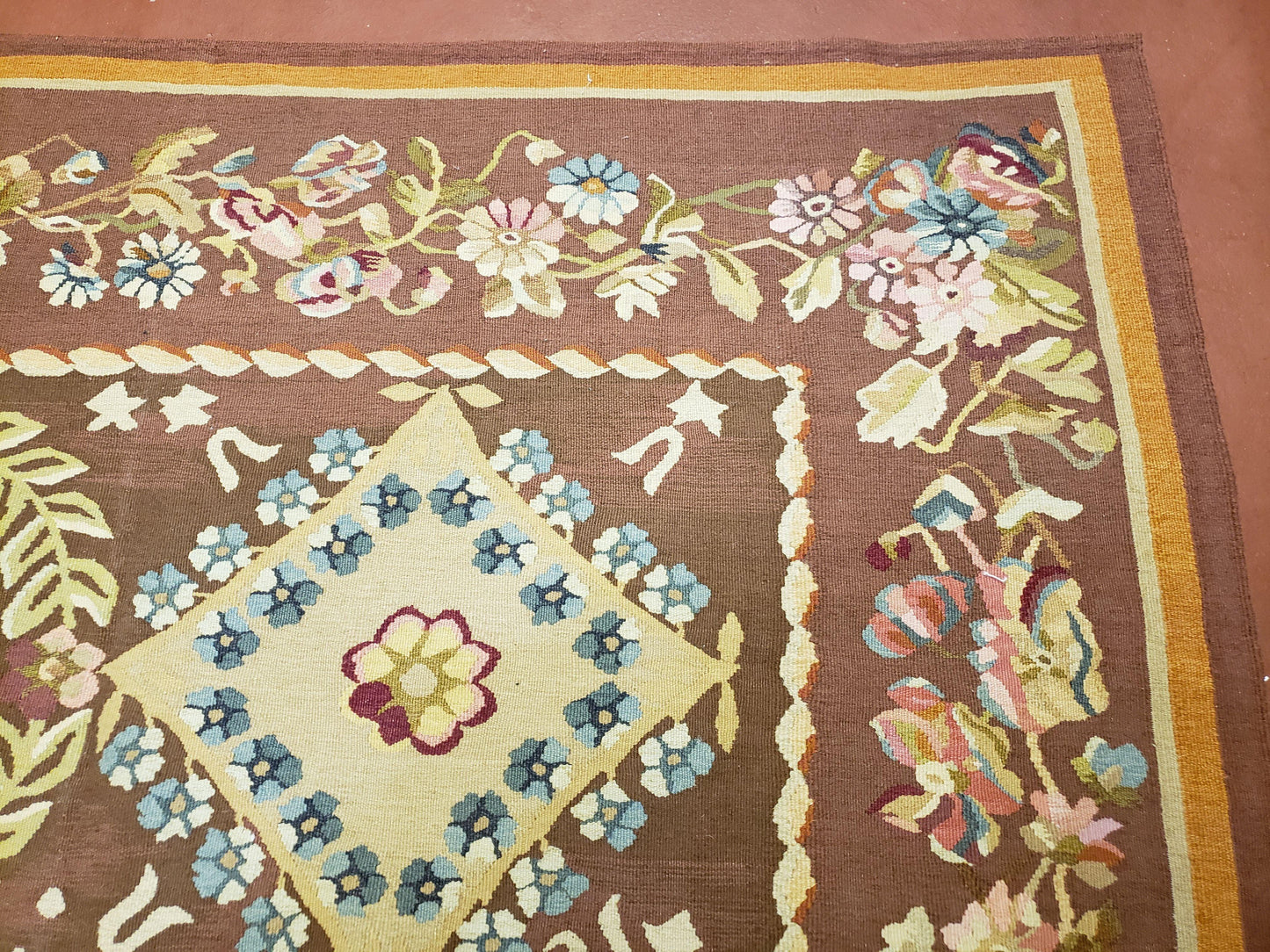 Aubusson Rug 6 x 9 Flat Weave Area Carpet European Design Flowers New Brown Rug Handmade Wool Hand-Knotted Aubusson Weave Medium Rug 6x9 - Nuvé