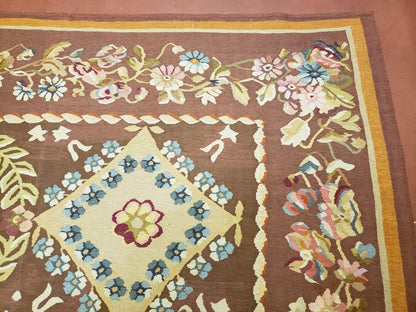 Aubusson Rug 6 x 9 Flat Weave Area Carpet European Design Flowers New Brown Rug Handmade Wool Hand-Knotted Aubusson Weave Medium Rug 6x9 - Nuvé
