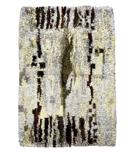 Swedish Rya Shag Rug 5x8, Multicolor Abstract Mid Century Vintage Retro Shag Rug, Soft Fluffy High Pile, Cream Gray Greens, 5 x 8 Shag Rug