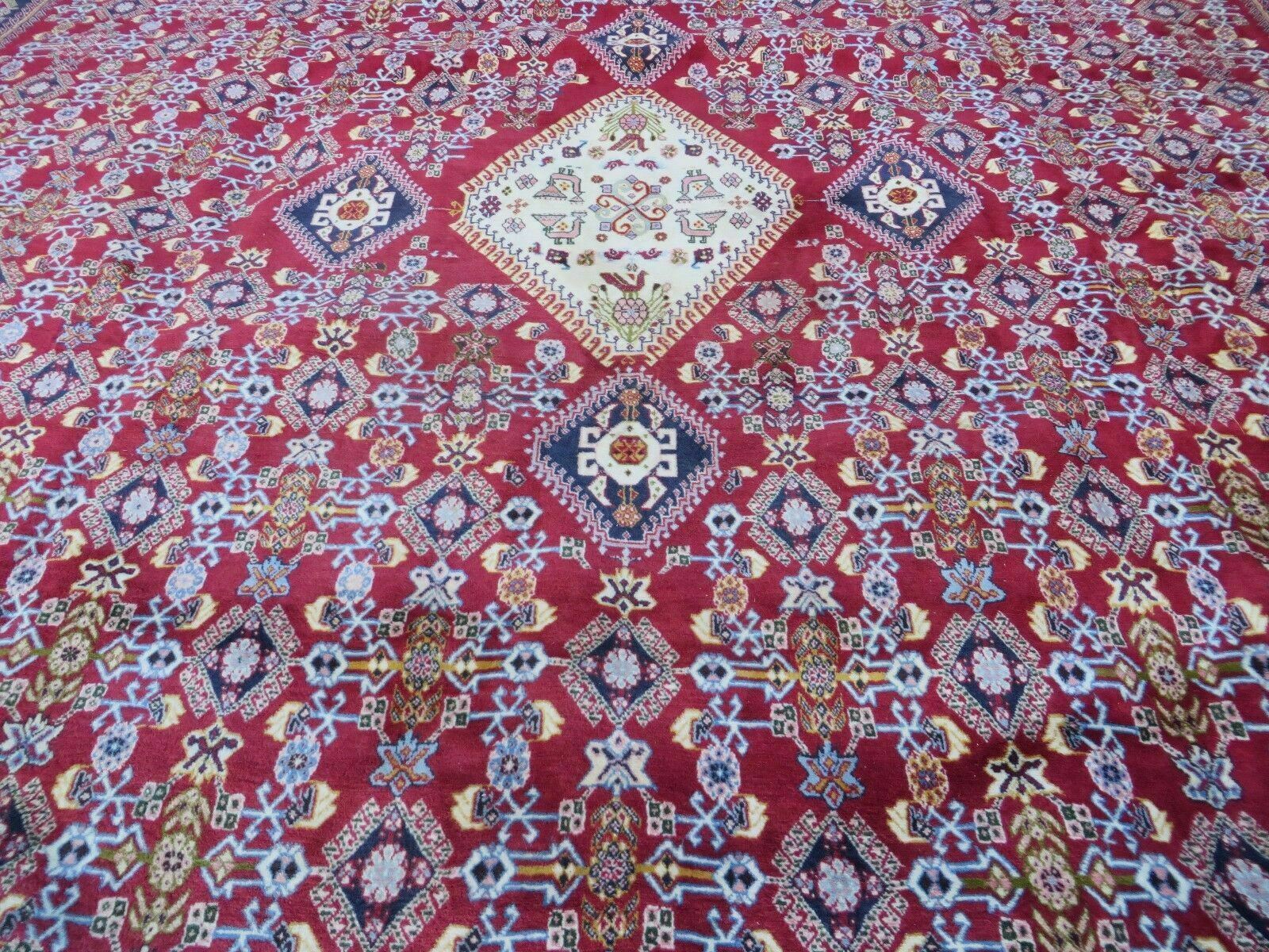 Oversized Persian Shiraz Tribal Rug 13x19, Palace Sized Oriental Carpet, Handmade Hand-Knotted X Large Rug, Red Blue Cream, Allover Herati Pattern - Nuvé