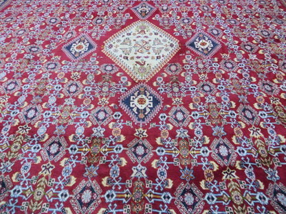 Oversized Persian Shiraz Tribal Rug 13x19, Palace Sized Oriental Carpet, Handmade Hand-Knotted X Large Rug, Red Blue Cream, Allover Herati Pattern - Nuvé