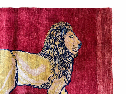3 X 5 Handmade Hand-Knotted Rug Quality Wool Pictorial Lion Red Organic Dyes - Nuvé