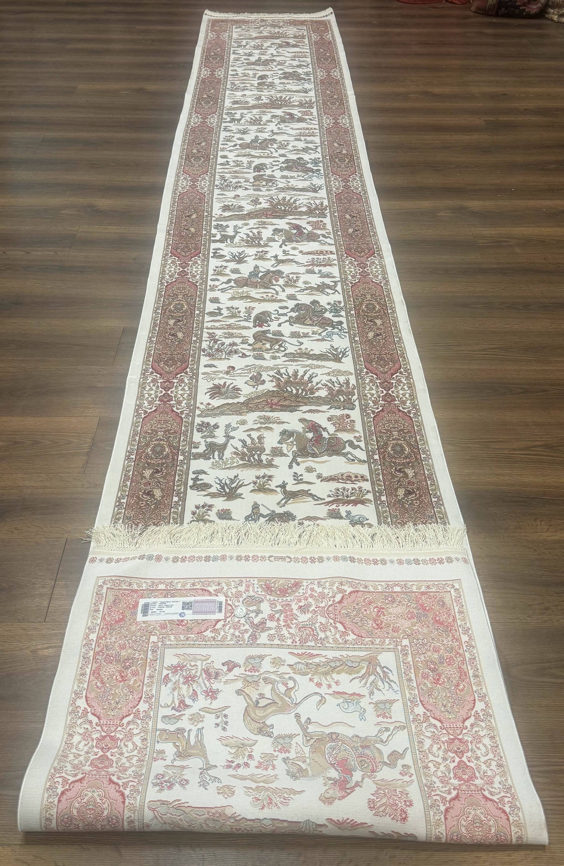 Long Turkish Silk Runner Rug 2.6 x 16.5, Hunting Design, Ivory, Bamboo Silk, New - Nuvé