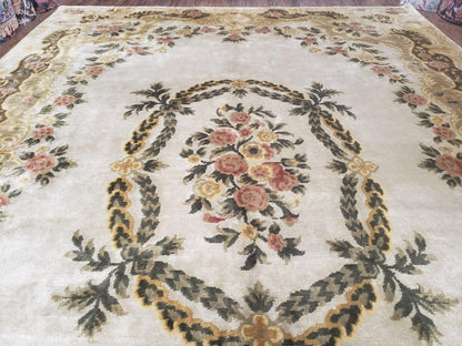 Aubusson Rug 10x14, Elegant French European Design, Vintage Handmade Carpet with Pile, Beige Floral Dining Room Rug, Living Room, Soft Wool - Nuvé