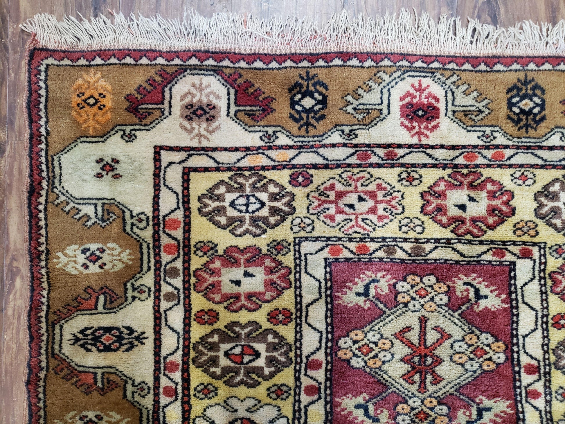 Turkish Caucasian Rug 4x7, Vintage Hand-Knotted Wool Turkish Talish Carpet 4 x 7, Cream, Burnt Orange Carmine Red Area Rug, Bohemian Rug - Nuvé