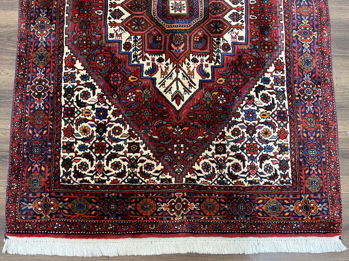 Fine Persian Bidjar Rug 3x5, Geometric Medallion Oriental Bijar Carpet 3 x 5 ft, Ruby Red and Cream, Hand Knotted Wool Rug, Semi Antique Tribal Rug, Nice - Nuvé