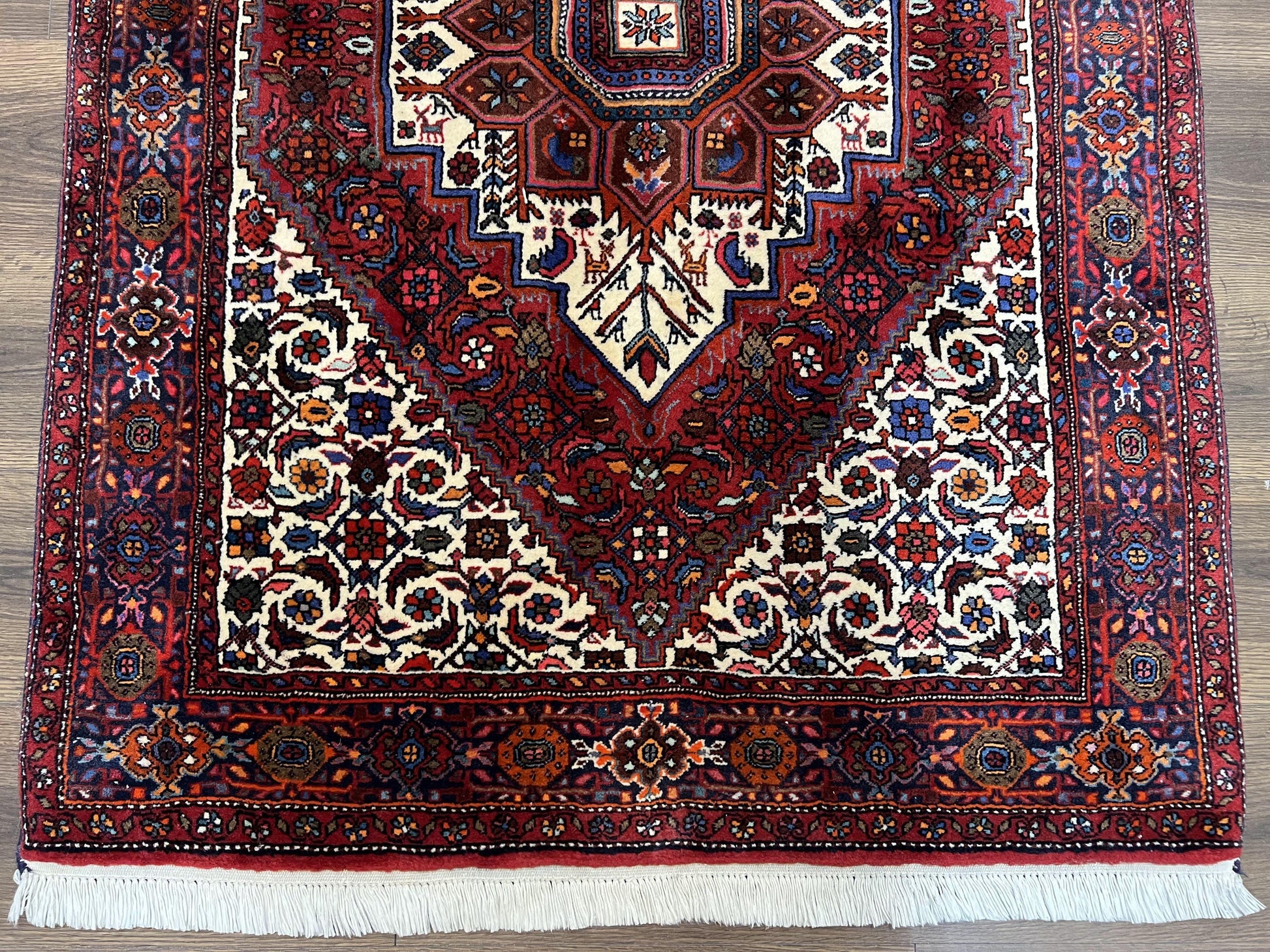 Fine Persian Bidjar Rug 3x5, Geometric Medallion Oriental Bijar Carpet 3 x 5 ft, Ruby Red and Cream, Hand Knotted Wool Rug, Semi Antique Tribal Rug, Nice - Nuvé