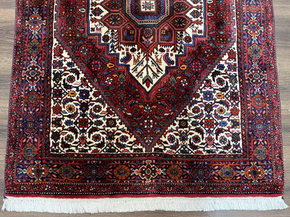 Fine Persian Bidjar Rug 3x5, Geometric Medallion Oriental Bijar Carpet 3 x 5 ft, Ruby Red and Cream, Hand Knotted Wool Rug, Semi Antique Tribal Rug, Nice - Nuvé