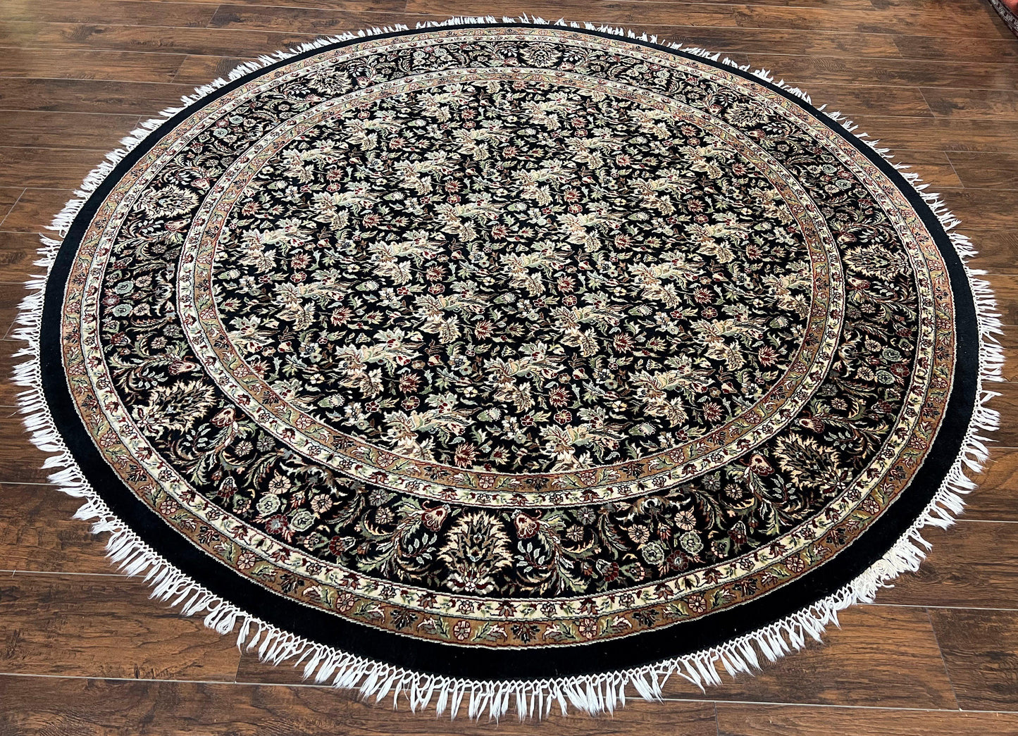 Round Oriental Rug 8x8 ft, William Morris Floral Pattern Carpet, 8 x 8 ft Round Rug, Black Cream and Tan 8ft Round Handmade Indo Persian Rug - Nuvé