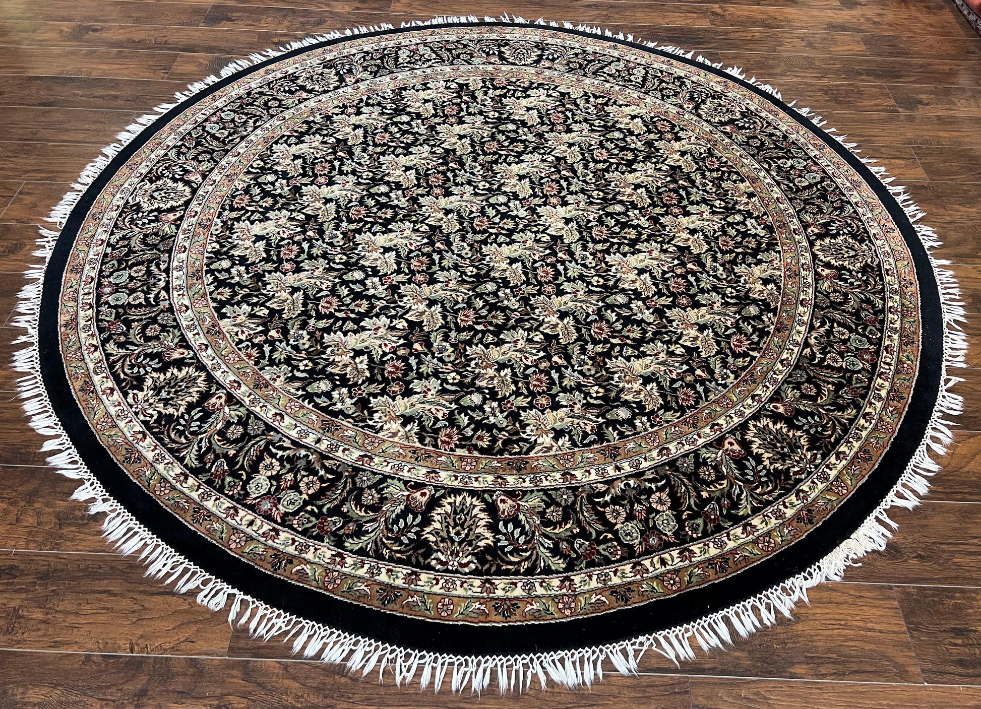 Round Oriental Rug 8x8 ft, William Morris Floral Pattern Carpet, 8 x 8 ft Round Rug, Black Cream and Tan 8ft Round Handmade Indo Persian Rug - Nuvé