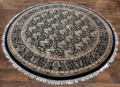 Round Oriental Rug 8x8 ft, William Morris Floral Pattern Carpet, 8 x 8 ft Round Rug, Black Cream and Tan 8ft Round Handmade Indo Persian Rug - Nuvé