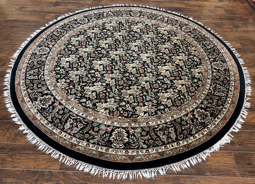 Round Oriental Rug 8x8 ft, William Morris Floral Pattern Carpet, 8 x 8 ft Round Rug, Black Cream and Tan 8ft Round Handmade Indo Persian Rug - Nuvé