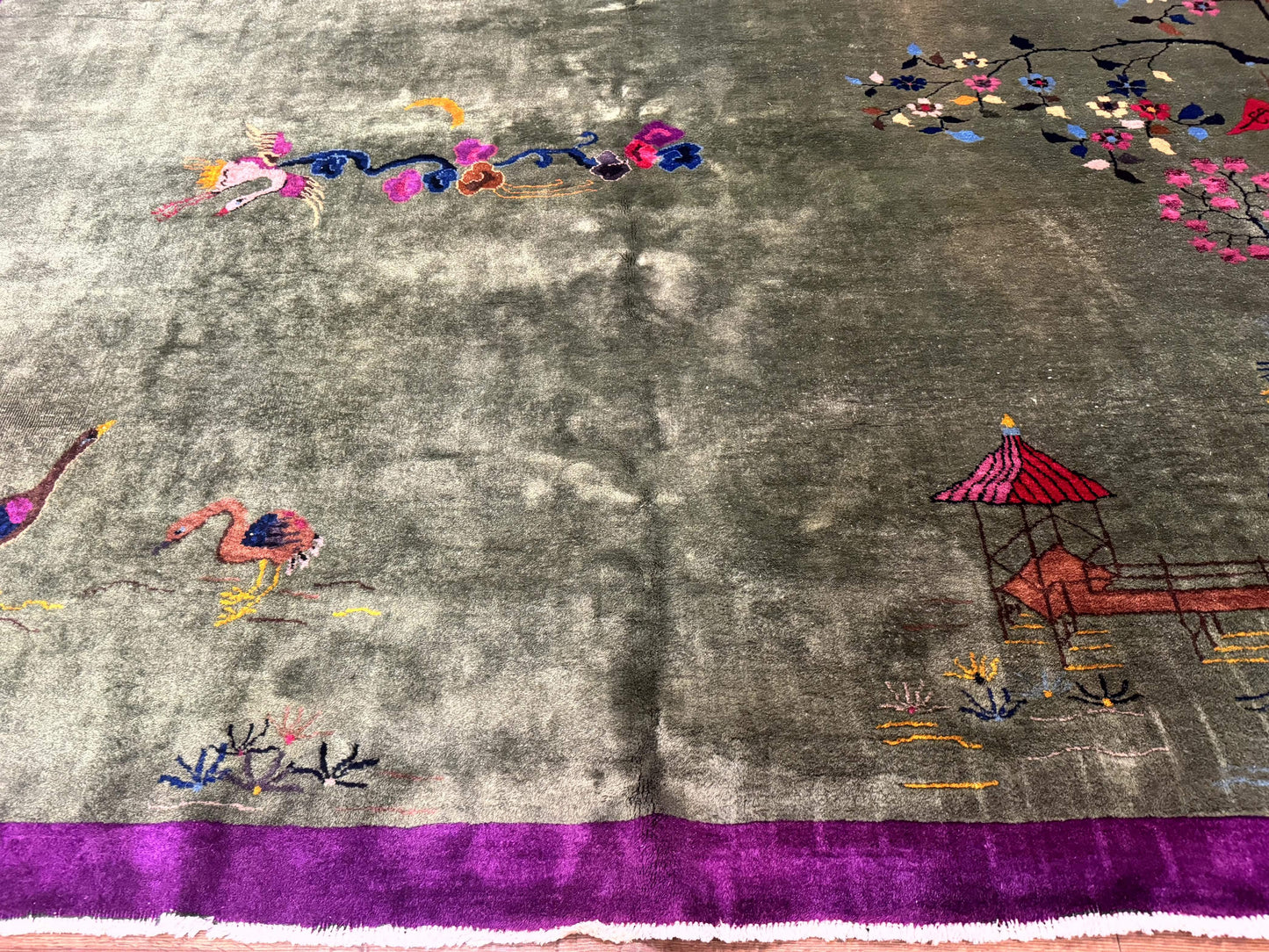 Antique Chinese Nichols Rug 9x12 - Rare Green and Purple Art Deco Carpet - Nuvé