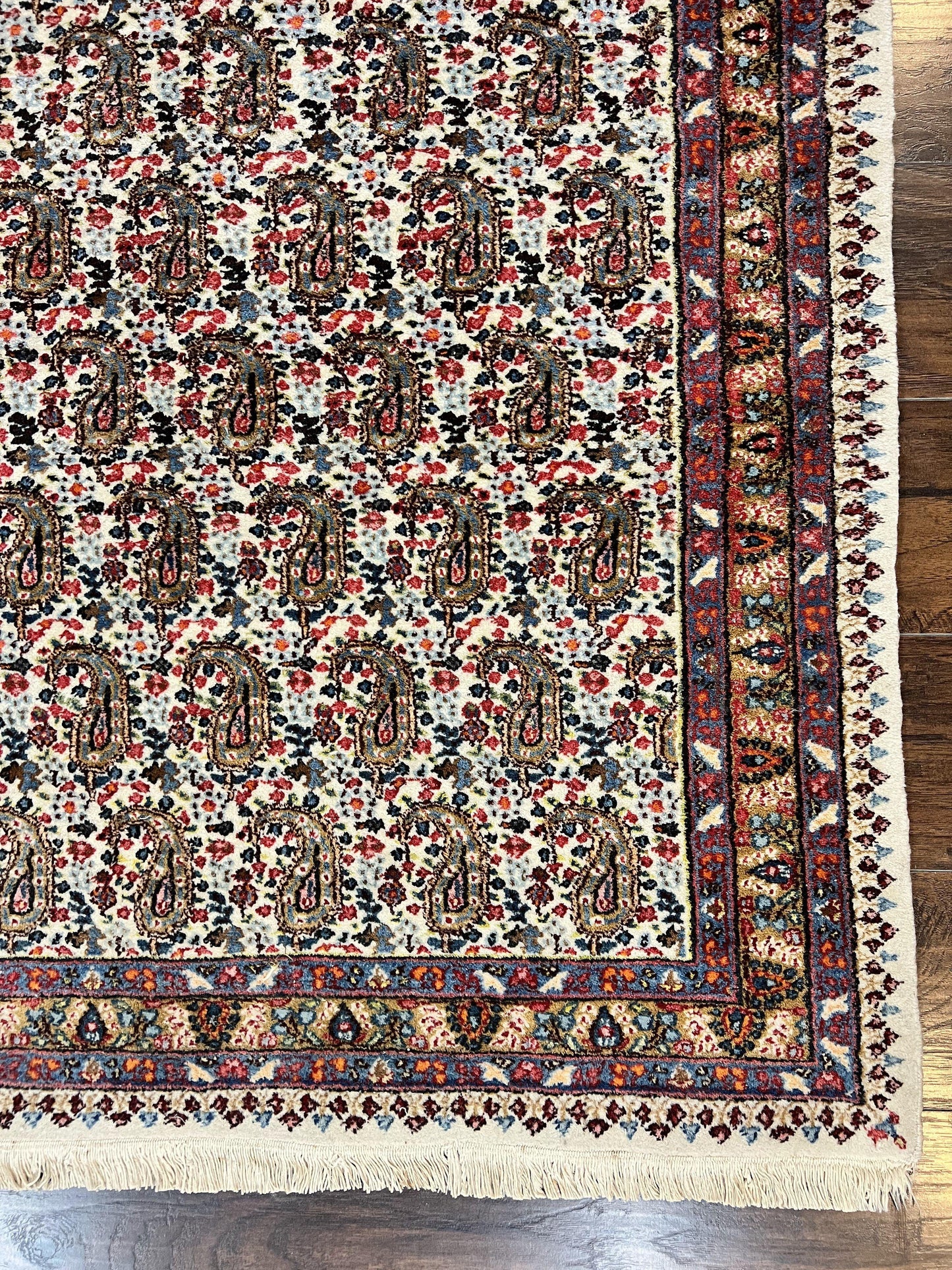 Persian Rug 4x6, Mashad Kashmar Rug, Boteh Paisley Design, Allover Repeated Pattern, Ivory Hand Knotted Vintage Semi Antique Persian Oriental Carpet - Nuvé