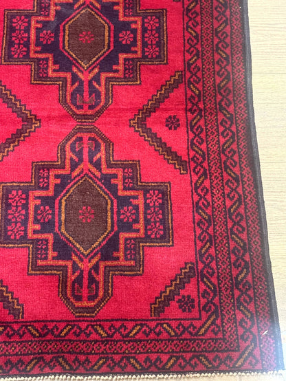 Afghan Rug 4x7, Tribal Carpet, Balouch Rug, Red and Navy Blue, Repeated Medallions, New - Nuvé