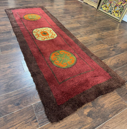German Hooked Runner Rug 3x8, Vintage, Red, Wool - Nuvé